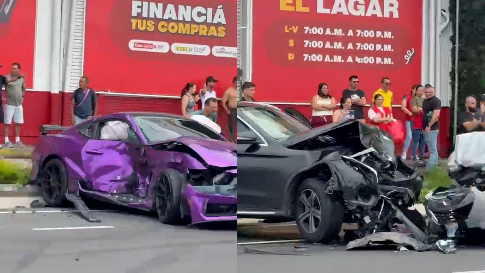 Ford Mustang GT morado con daños en el costado y el frente, a la izquierda, y Mercedes-Benz GLC gris con el frente severamente dañado, a la derecha, tras un choque en Lindora. Costa Rica