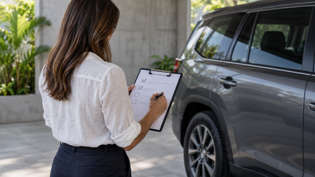 Mujer revisando una lista de verificación junto a una SUV gris en un espacio con paredes de cemento y luz natural.