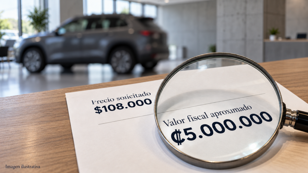 Lupa sobre un documento con el precio solicitado de una SUV, $108.000, y su valor fiscal aproximado de ₡5 millones, con el vehículo desenfocado al fondo.