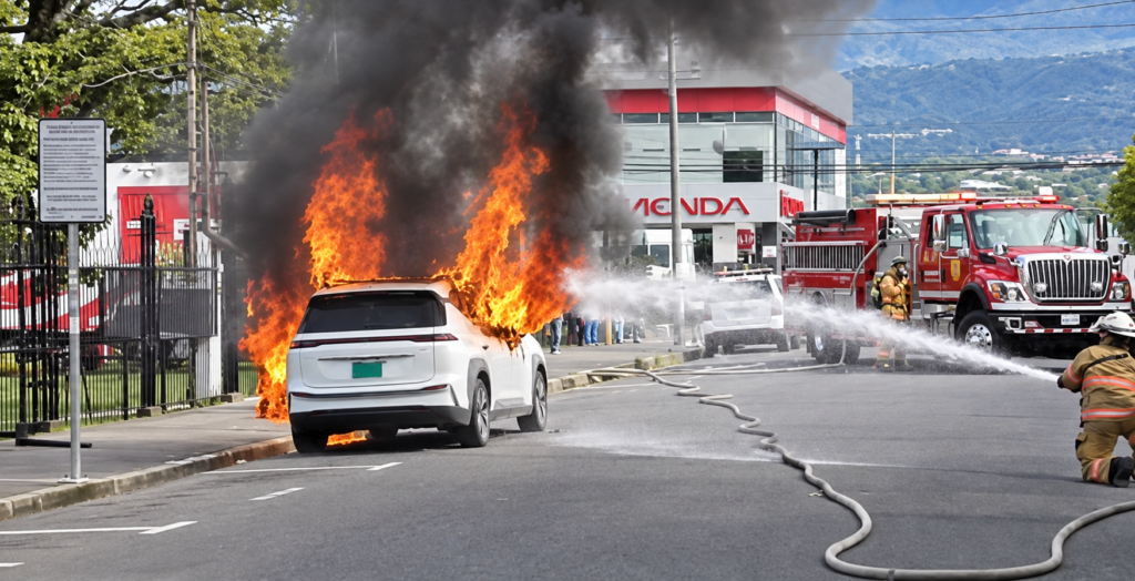 Bomberos combaten con agua el incendio de un SUV eléctrico blanco, rodeado de llamas y una columna de humo negro en Costa Rica